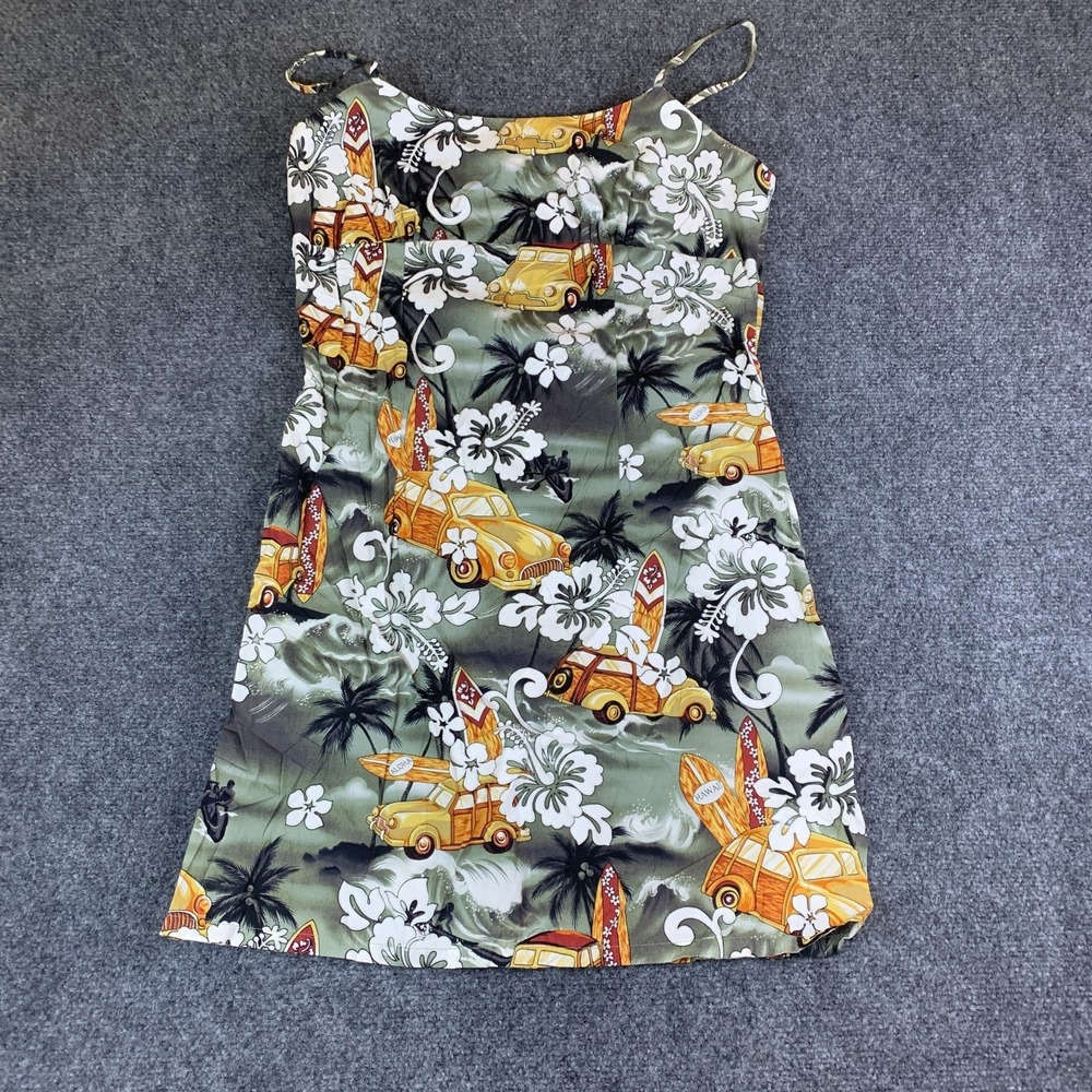 KY'S Hawaiian Mini Dress Women M Olive Good Vintage Floral Palm Woody Wagon